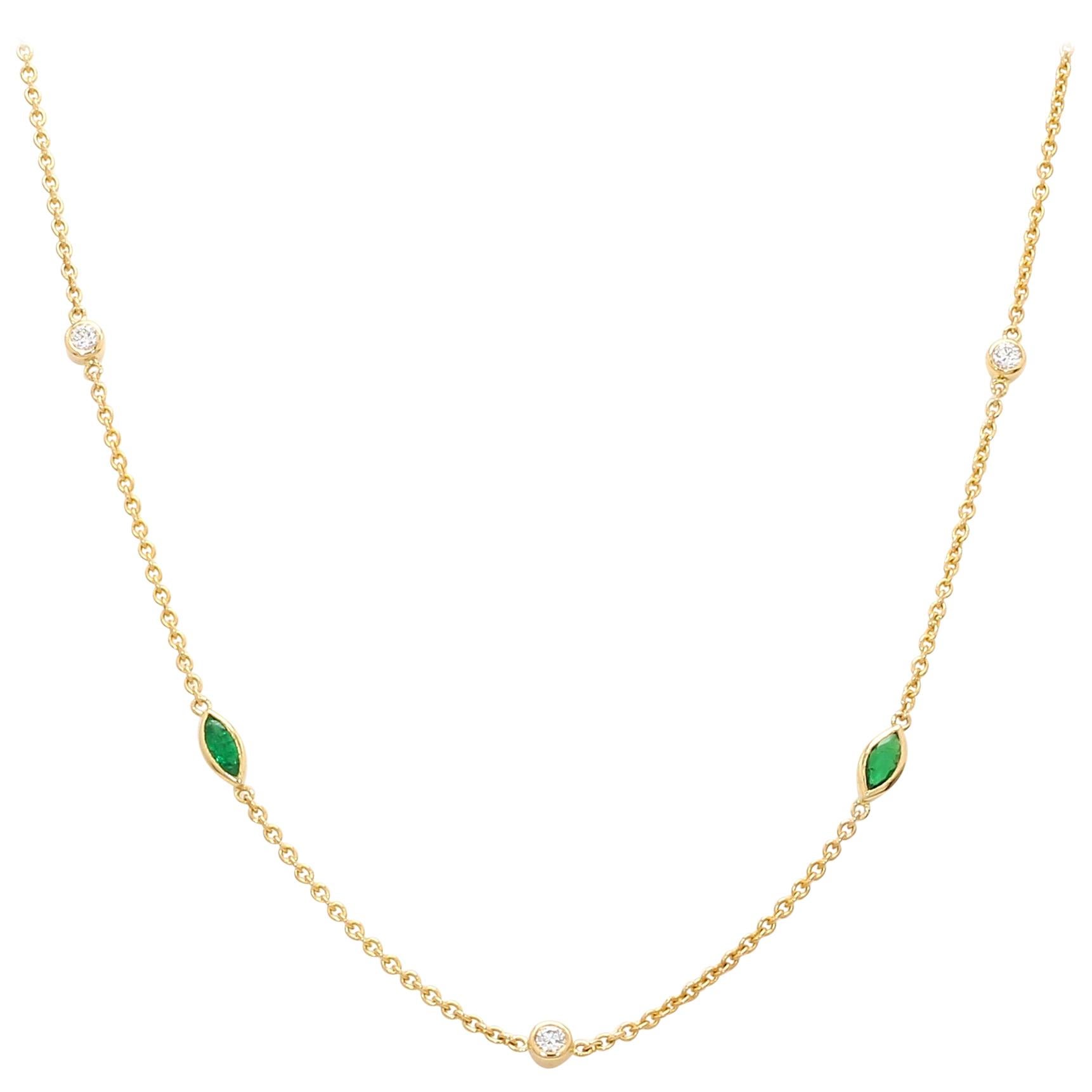 Marquise Emerald Round Diamond 18 Karat Yellow Gold Necklace, Necklace by Yard For Sale