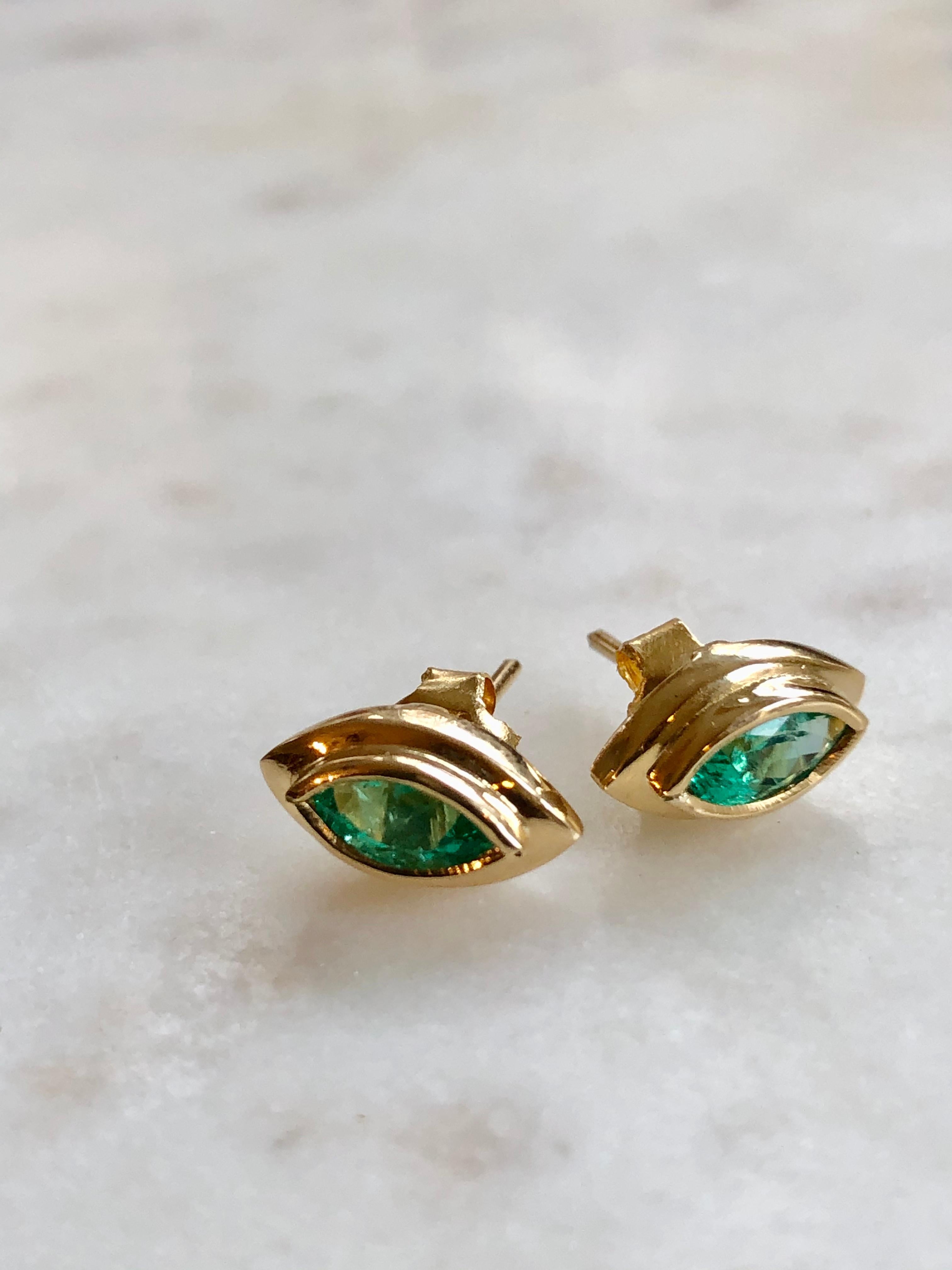 Marquise Cut Marquise Emerald Stud Earrings 18 Karat Yellow Gold