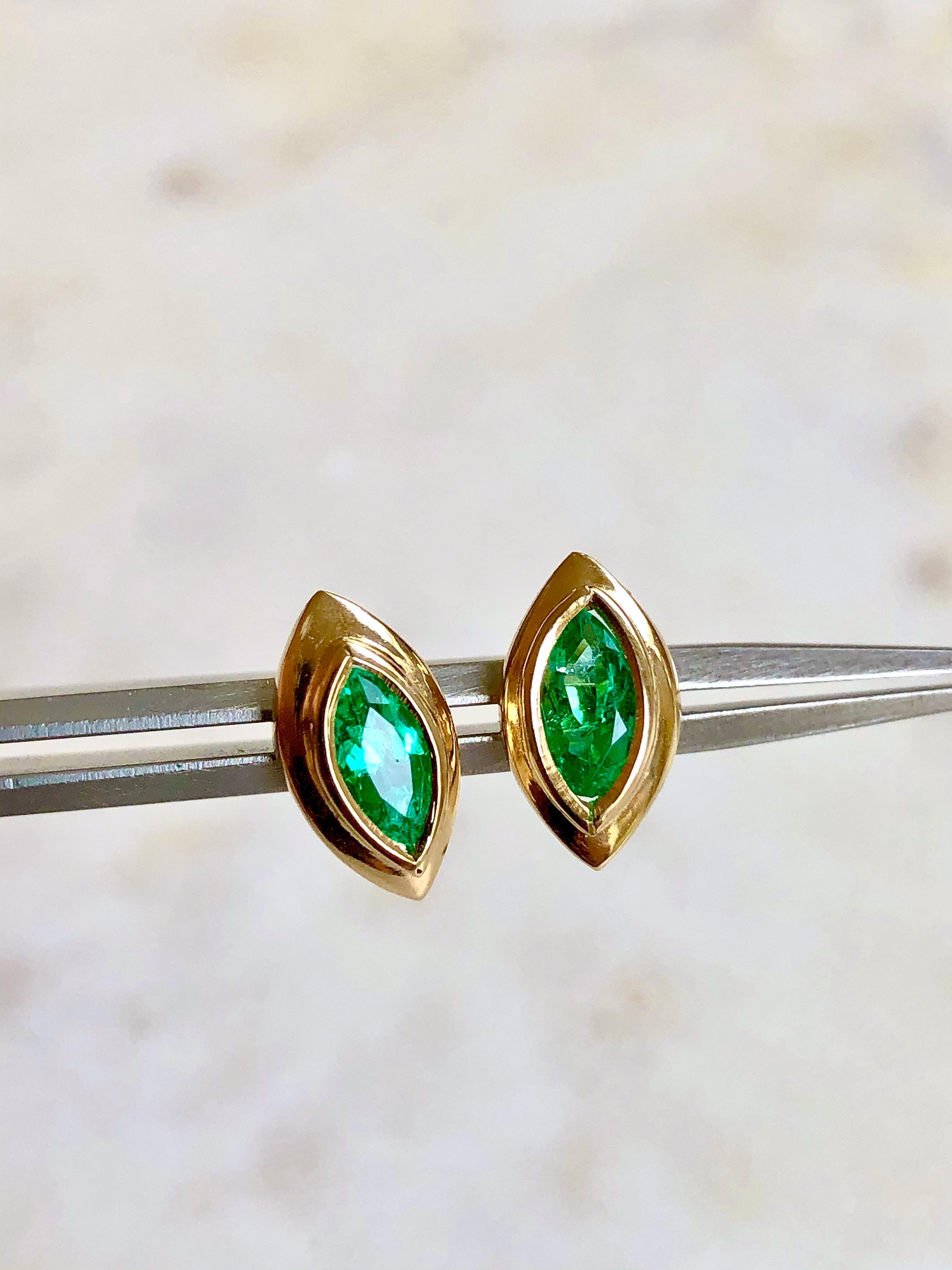 Women's Marquise Emerald Stud Earrings 18 Karat Yellow Gold