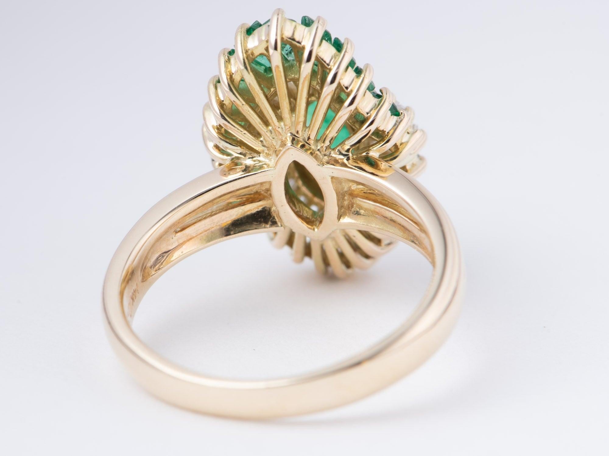Uncut Marquise Emerald with Baguette Emerald and Diamond Halo 14K Gold Engagement Ring For Sale