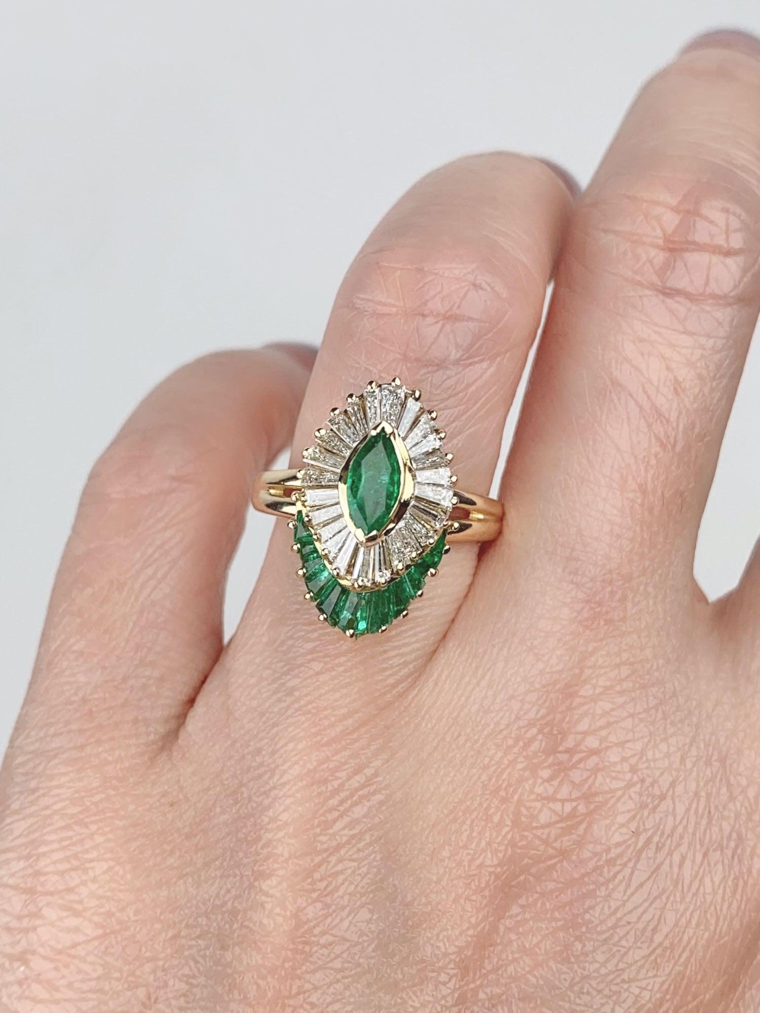 Marquise Emerald with Baguette Emerald and Diamond Halo 14K Gold Engagement Ring In Good Condition For Sale In Osprey, FL
