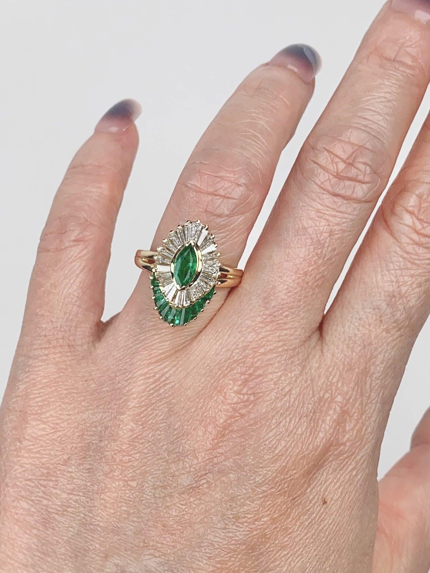 Women's or Men's Marquise Emerald with Baguette Emerald and Diamond Halo 14K Gold Engagement Ring For Sale