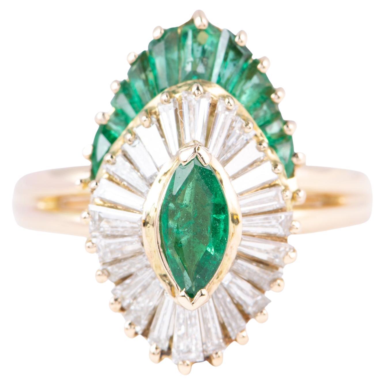 Marquise Emerald with Baguette Emerald and Diamond Halo 14K Gold Engagement Ring