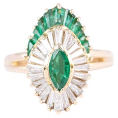 Marquise Emerald with Baguette Emerald and Diamond Halo 14K Gold Engagement Ring