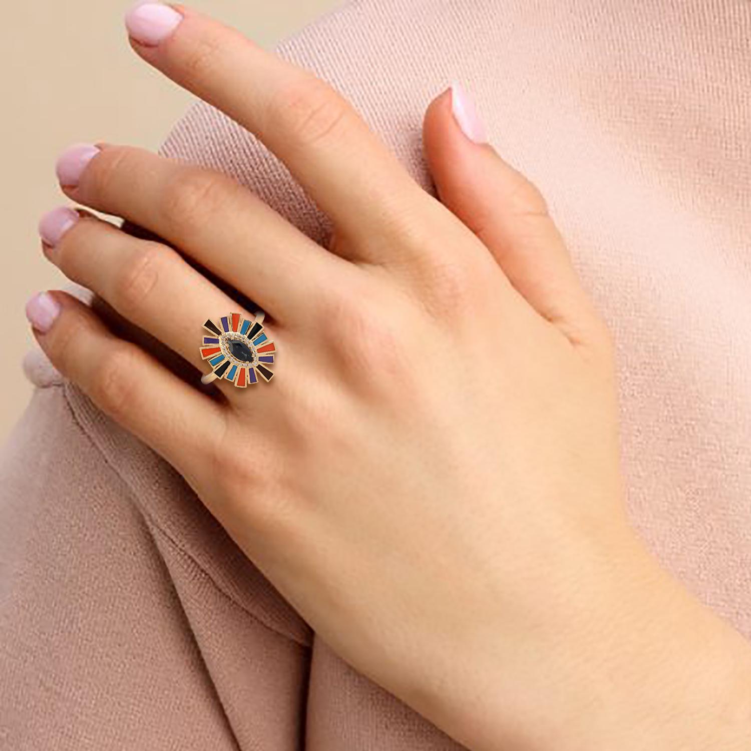 This ring has been meticulously crafted from 14-karat gold and hand set with .75 carats blue sapphire and .30 carats of sparkling diamonds.

The ring is a size 7 and may be resized to larger or smaller upon request. 

FOLLOW  MEGHNA JEWELS