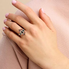 Marquise Enamel Blue Sapphire Diamond 14 Karat Gold Sunburst Ring