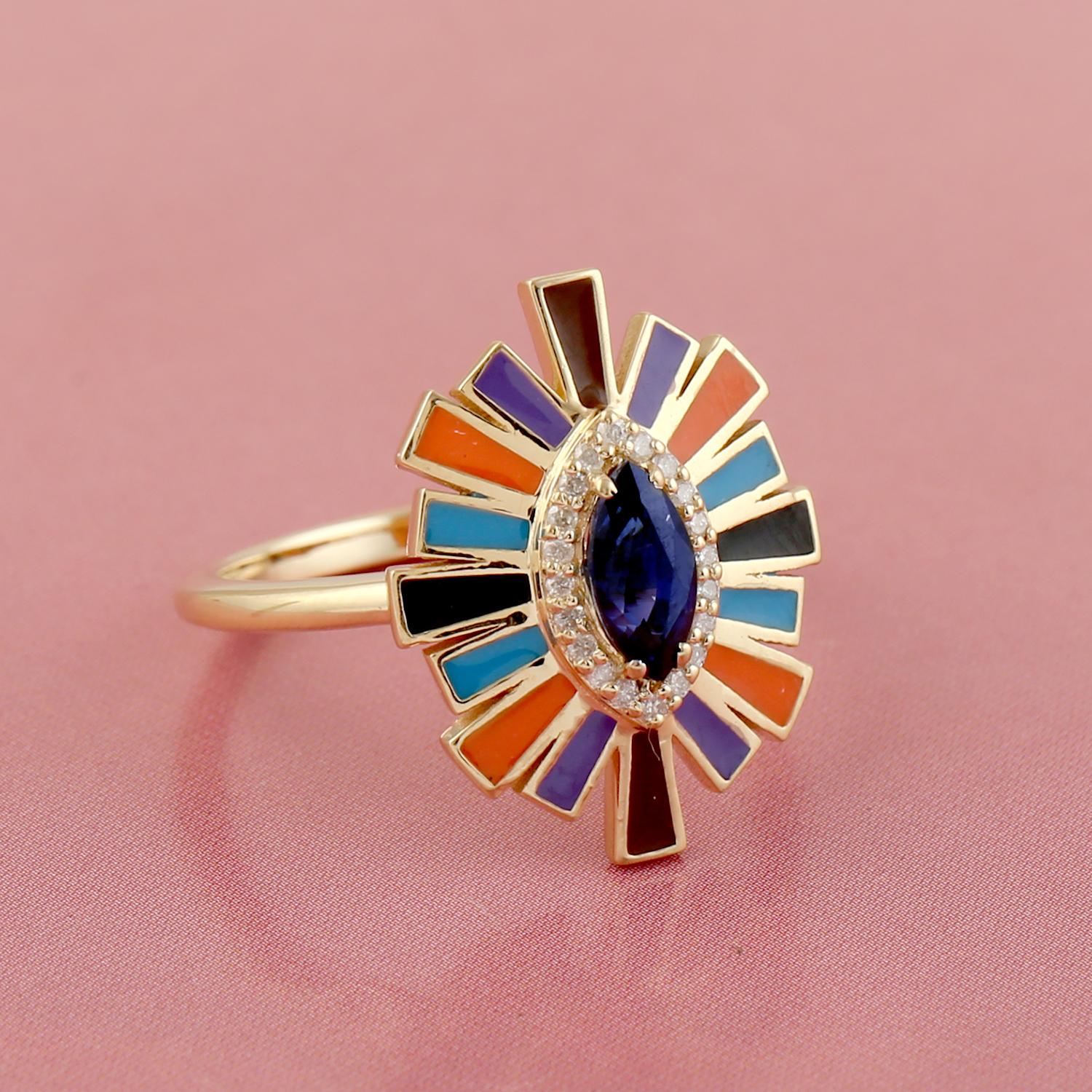Artisan Marquise Enamel Blue Sapphire Diamond 14 Karat Gold Sunburst Ring For Sale