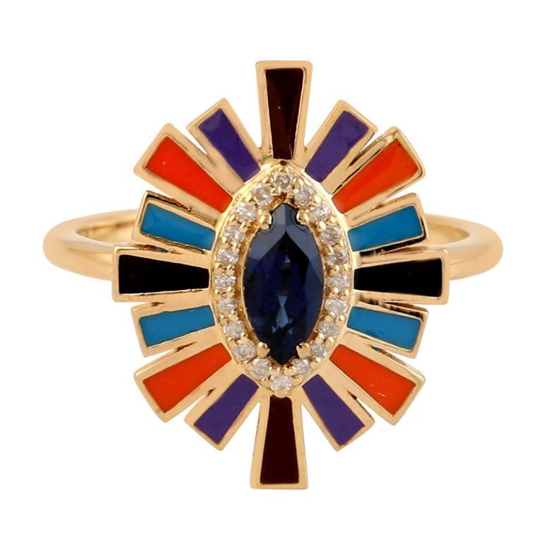 Marquise Cut Marquise Enamel Blue Sapphire Diamond 14 Karat Gold Sunburst Ring For Sale
