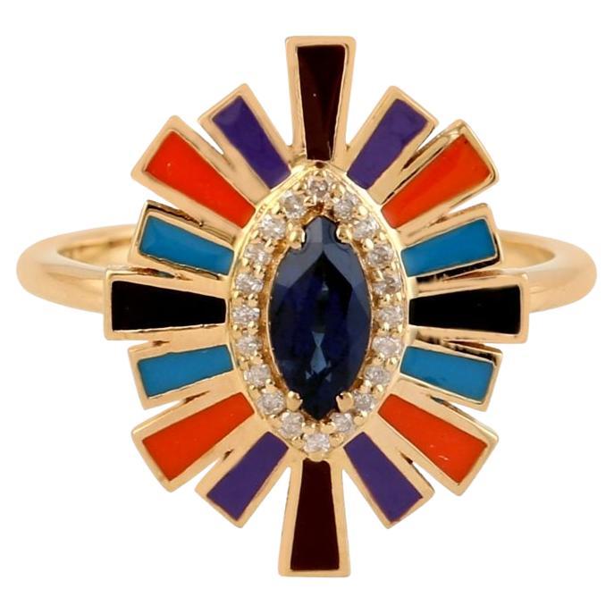 Marquise Enamel Blue Sapphire Diamond 14 Karat Gold Sunburst Ring