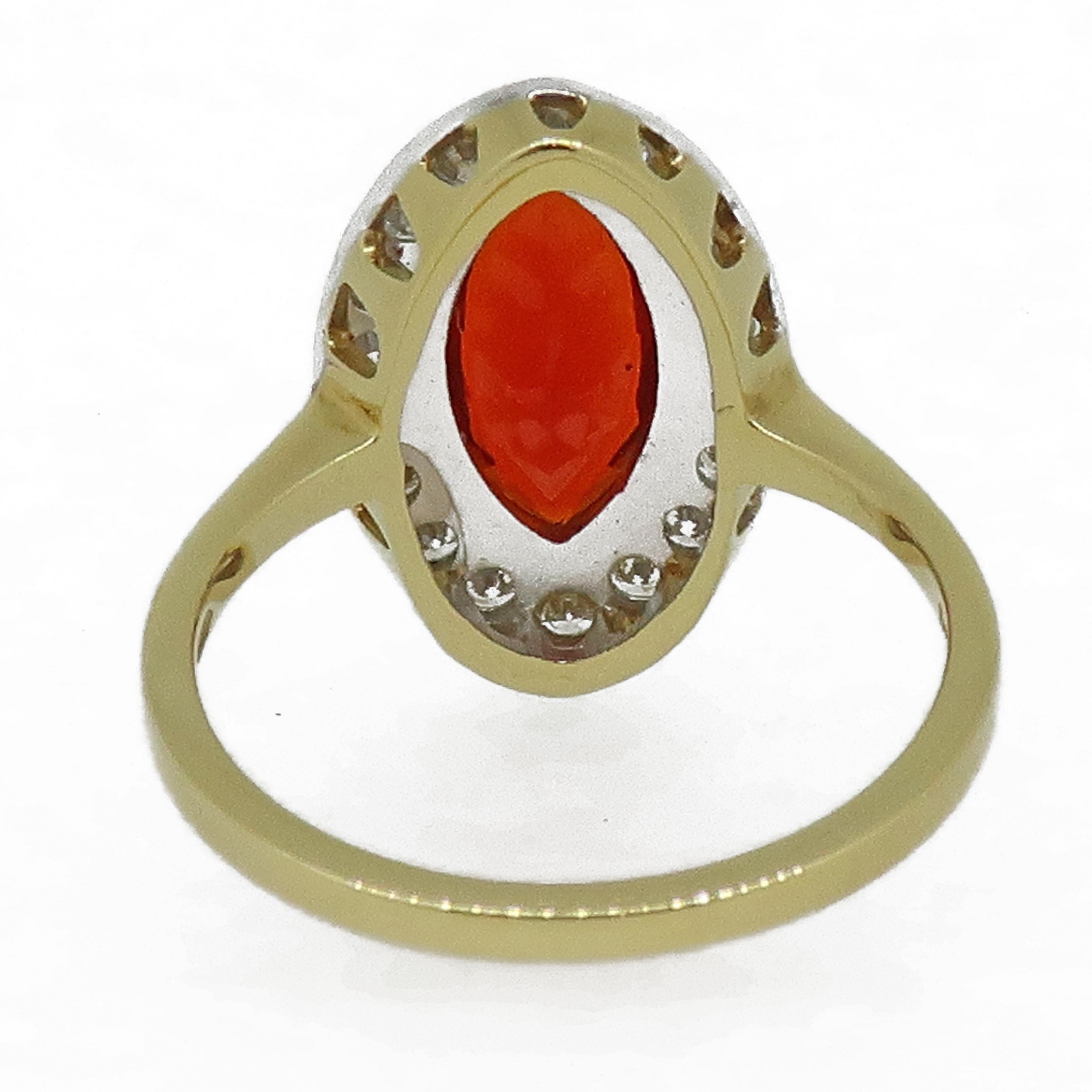 Art Deco Marquise Fire Opal and Diamond Cluster Ring 18 Karat Yellow and White Gold For Sale