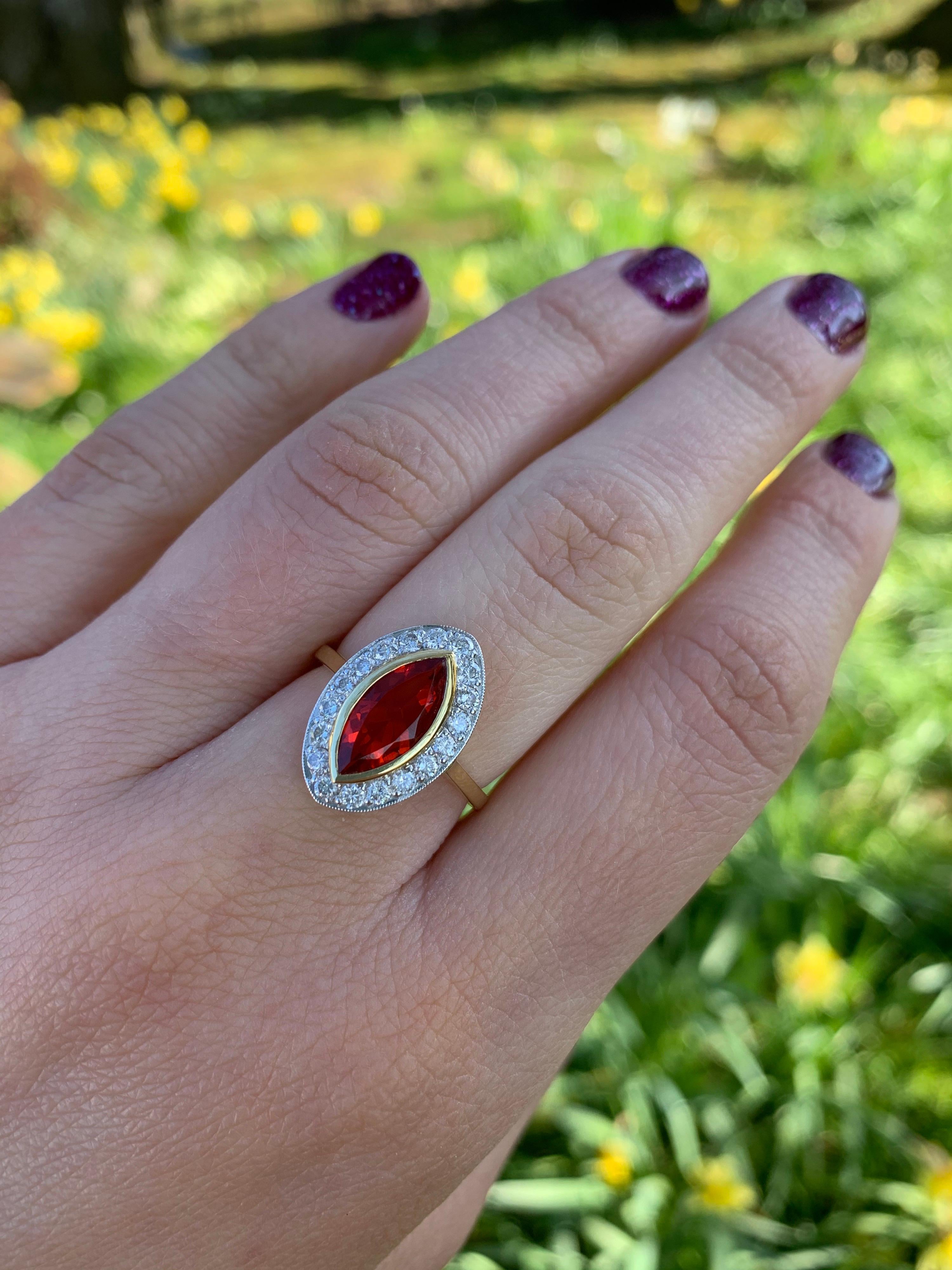 Marquise Fire Opal and Diamond Cluster Ring 18 Karat Yellow and White Gold For Sale 2