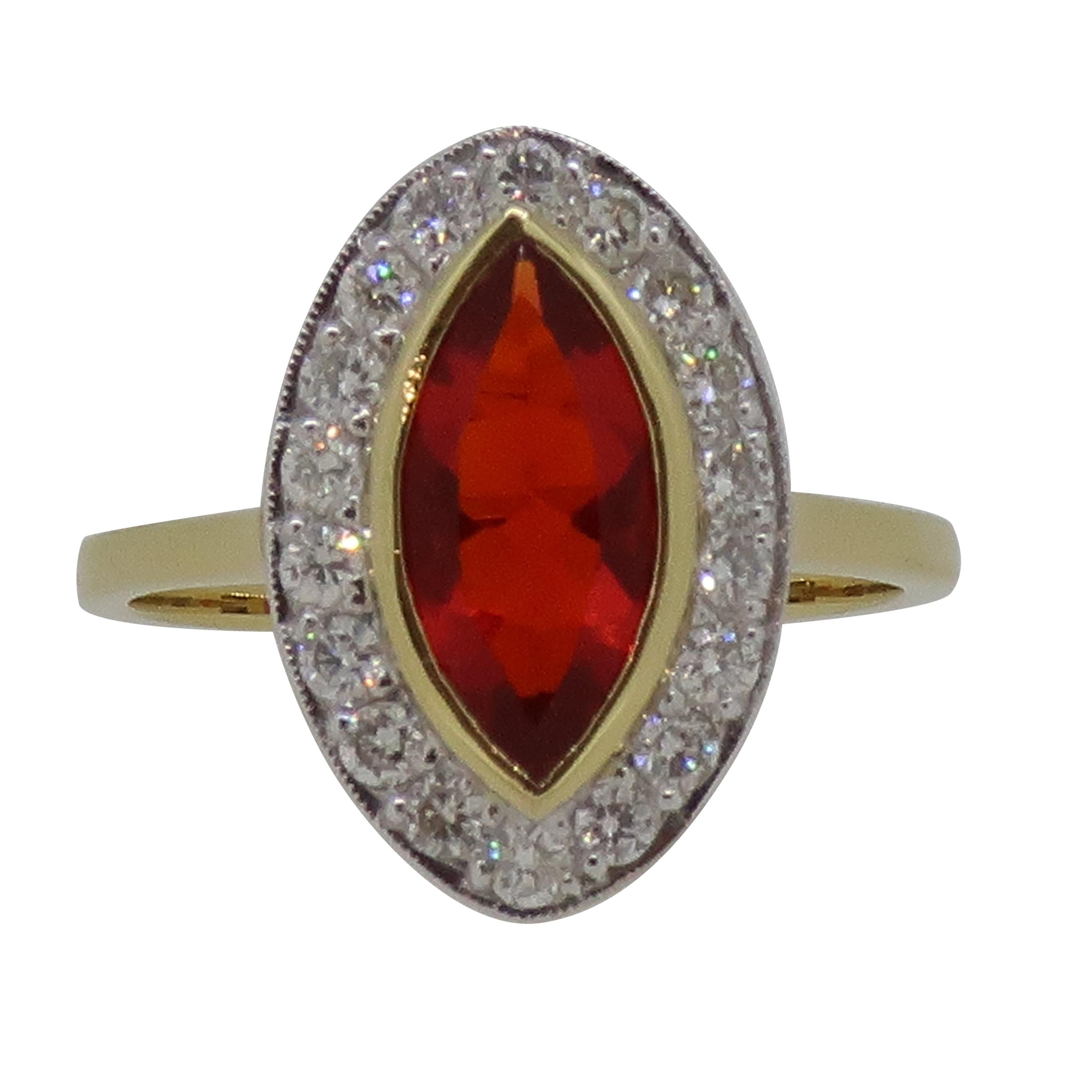 Marquise Fire Opal and Diamond Cluster Ring 18 Karat Yellow and White Gold For Sale