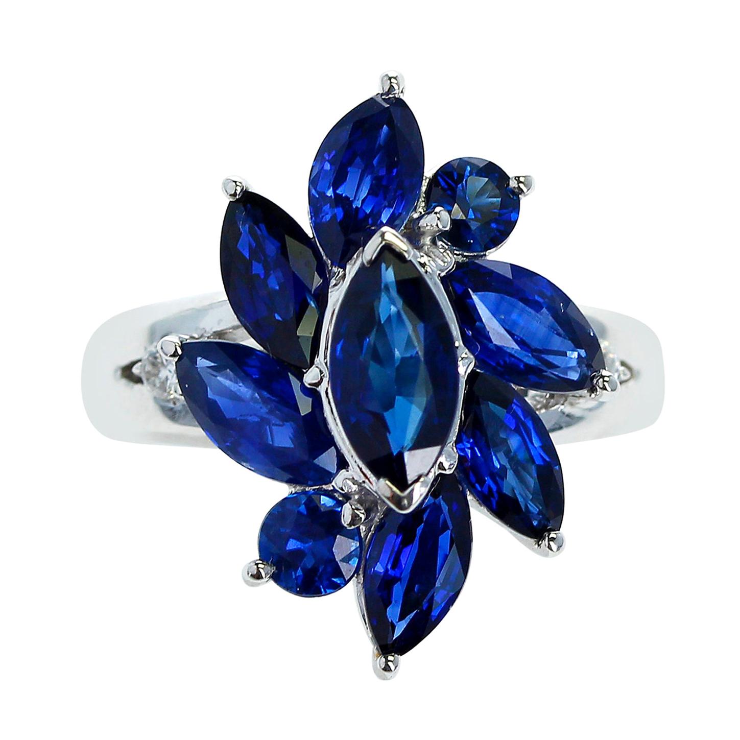 Marquise Flower Shape 3.88 Carat Blue Sapphire and 0.06 Diamond Ring, Platinum For Sale