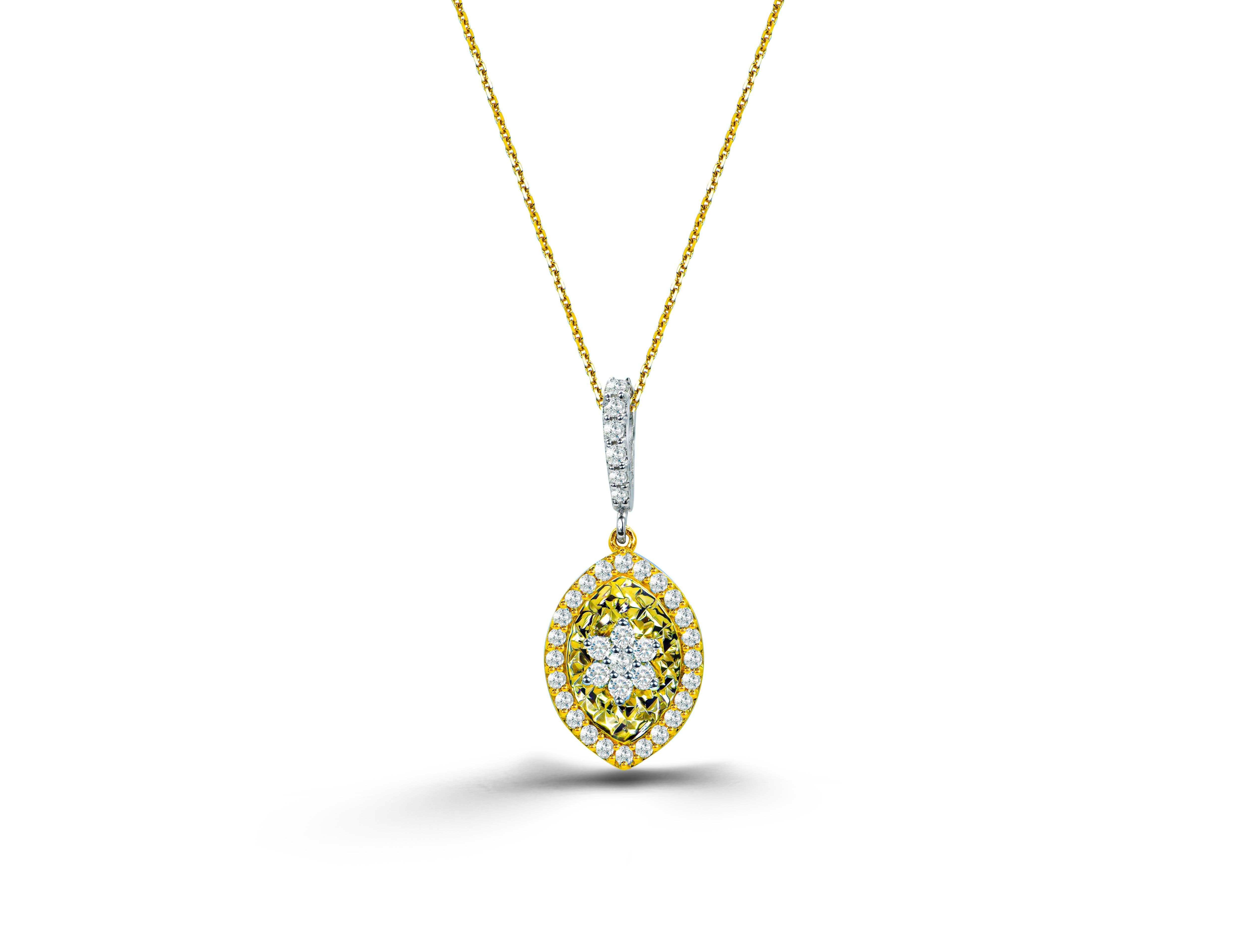 A fine jewelry piece with a modern flair, this flower pendant necklace is our original design featuring a sparkling pave diamond setting of 27 white diamonds. and hangs picture style on a 17” cable link chain in matching gold with lobster clasp
