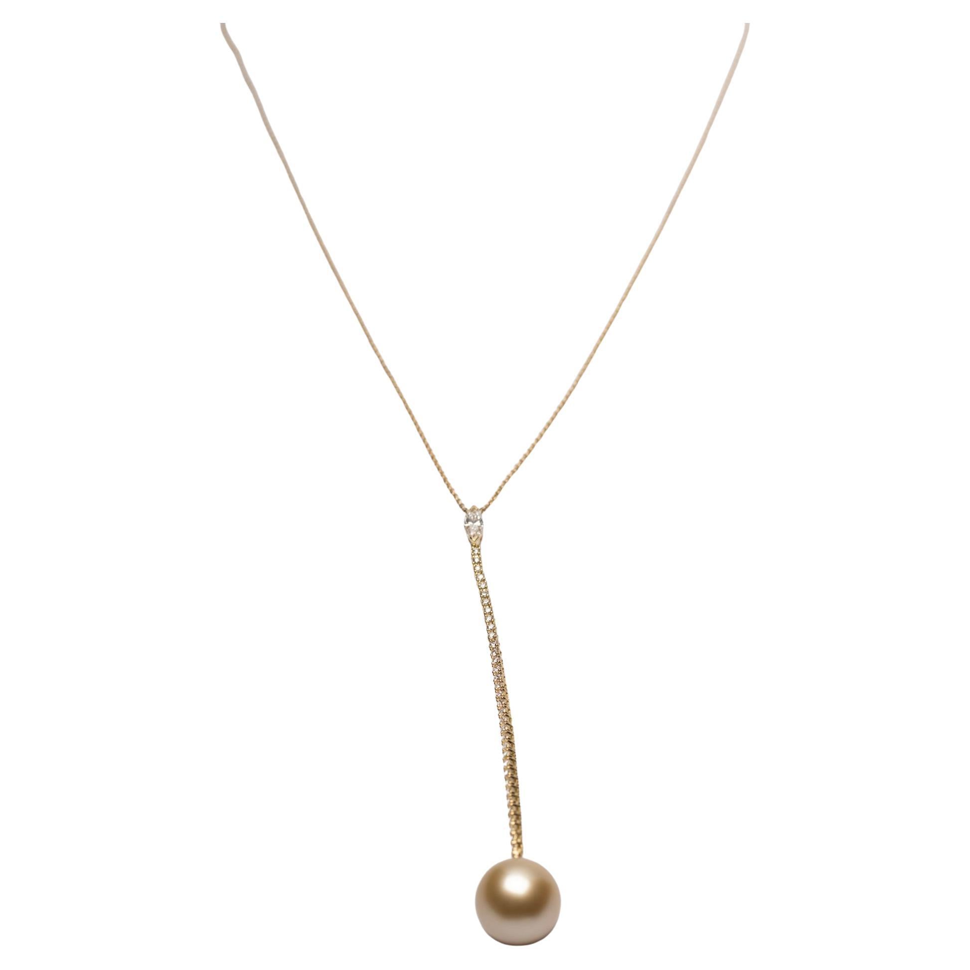 Marquise & Golden Pearl Drop Necklace with Pave Diamonds in 18K Gold