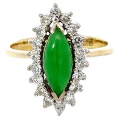 Vintage Marquise Green Jade Cabochon Diamond Halo Ring 14k Yellow Gold