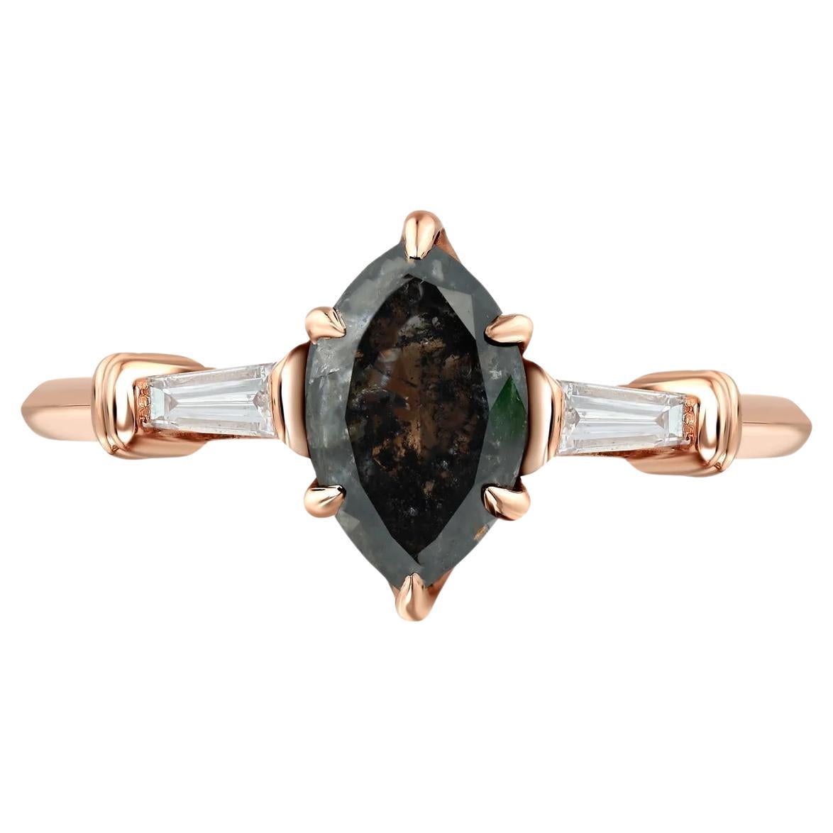 Marquise Grey Diamond Rose Gold Engagement Ring with Baguettes, 1.34 Carats