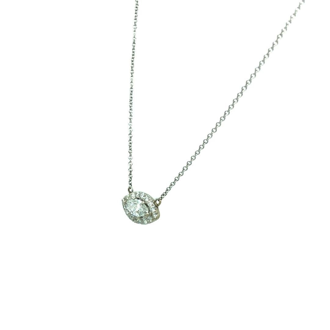 Contemporary Marquise Halo 1.07 ct total Diamond Cluster Necklace 18K White Gold For Sale