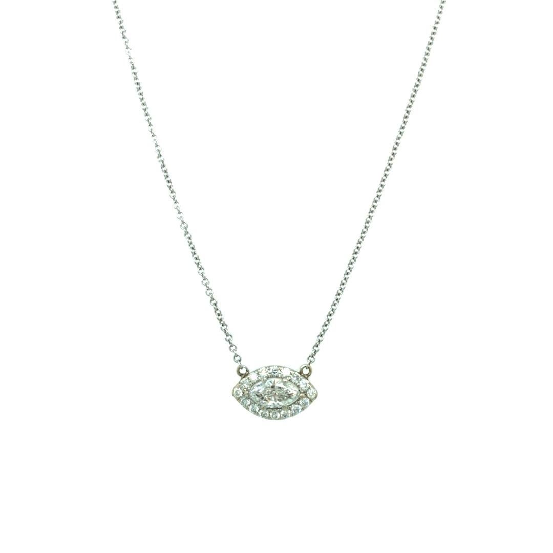 Women's or Men's Marquise Halo 1.07 ct total Diamond Cluster Necklace 18K White Gold For Sale