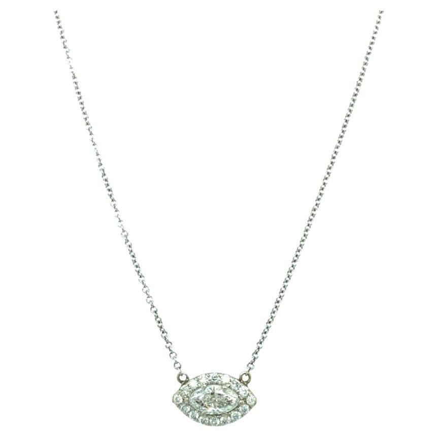Marquise Halo 1.07 ct total Diamond Cluster Necklace 18K White Gold For Sale