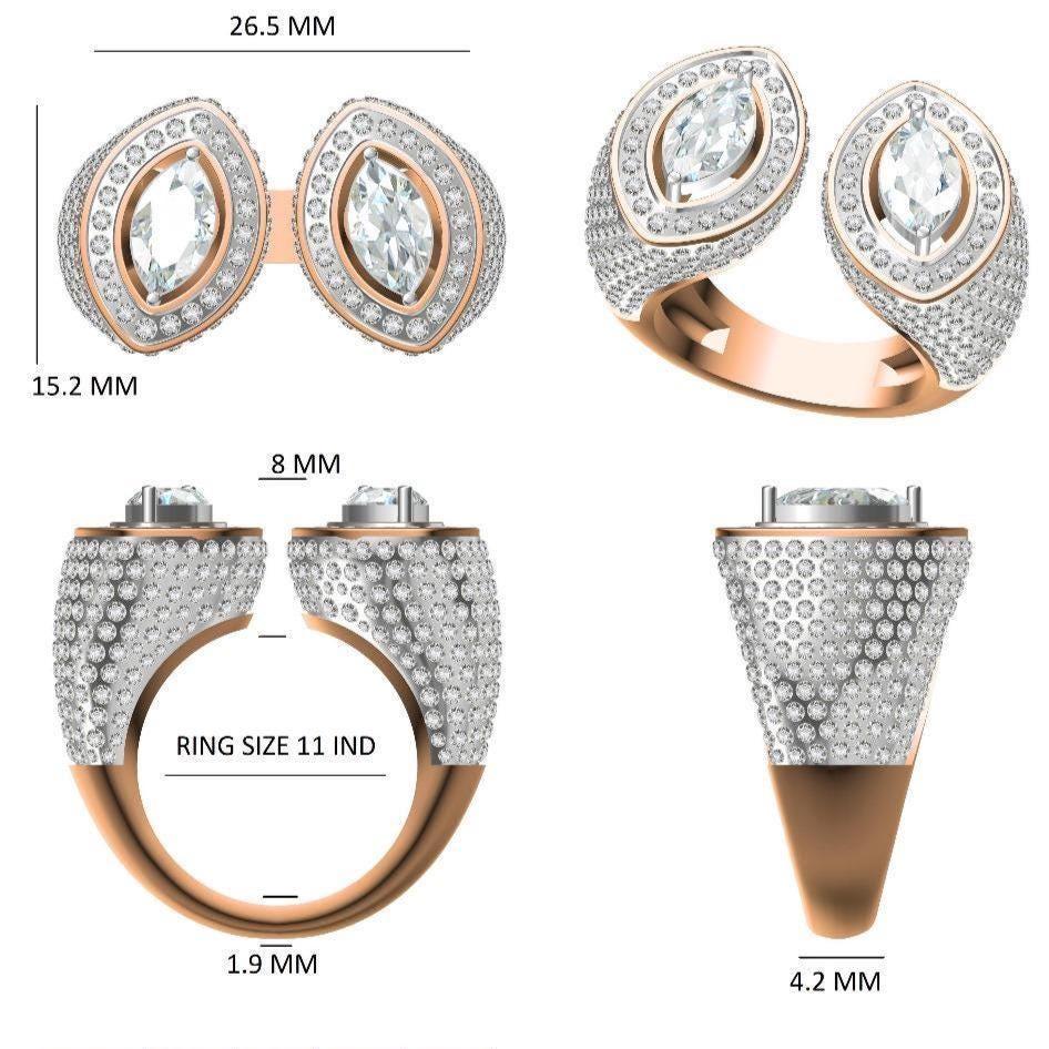Anello da polso aperto con diamante aureolato marquise in oro massiccio 14k (certificato) in vendita 2