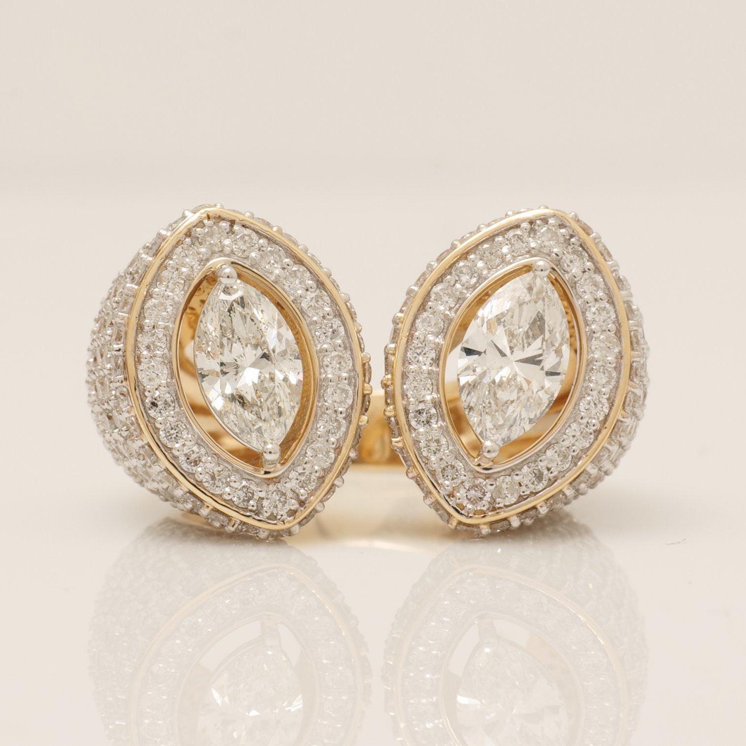 Anello da polso aperto con diamante aureolato marquise in oro massiccio 14k (certificato) in vendita