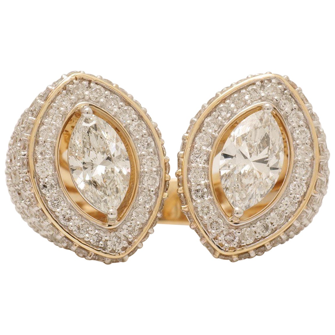 Marquise Halo Diamond Open Cuff Ring in 14k Solid Gold (Certified) For Sale