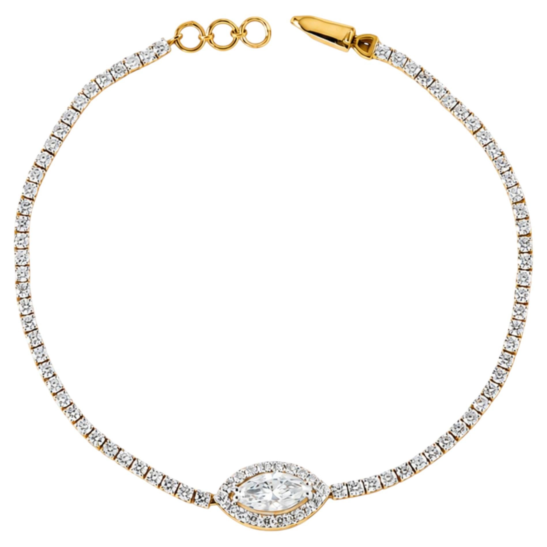 Marquise Halo Natural Diamond Chain Bracelet in 14k Solid Gold (Certified) For Sale