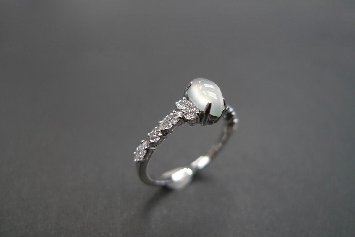 For Sale:  Marquise Icy White Jade and Marquise Diamond Unique Ring Engagement White Gold 2