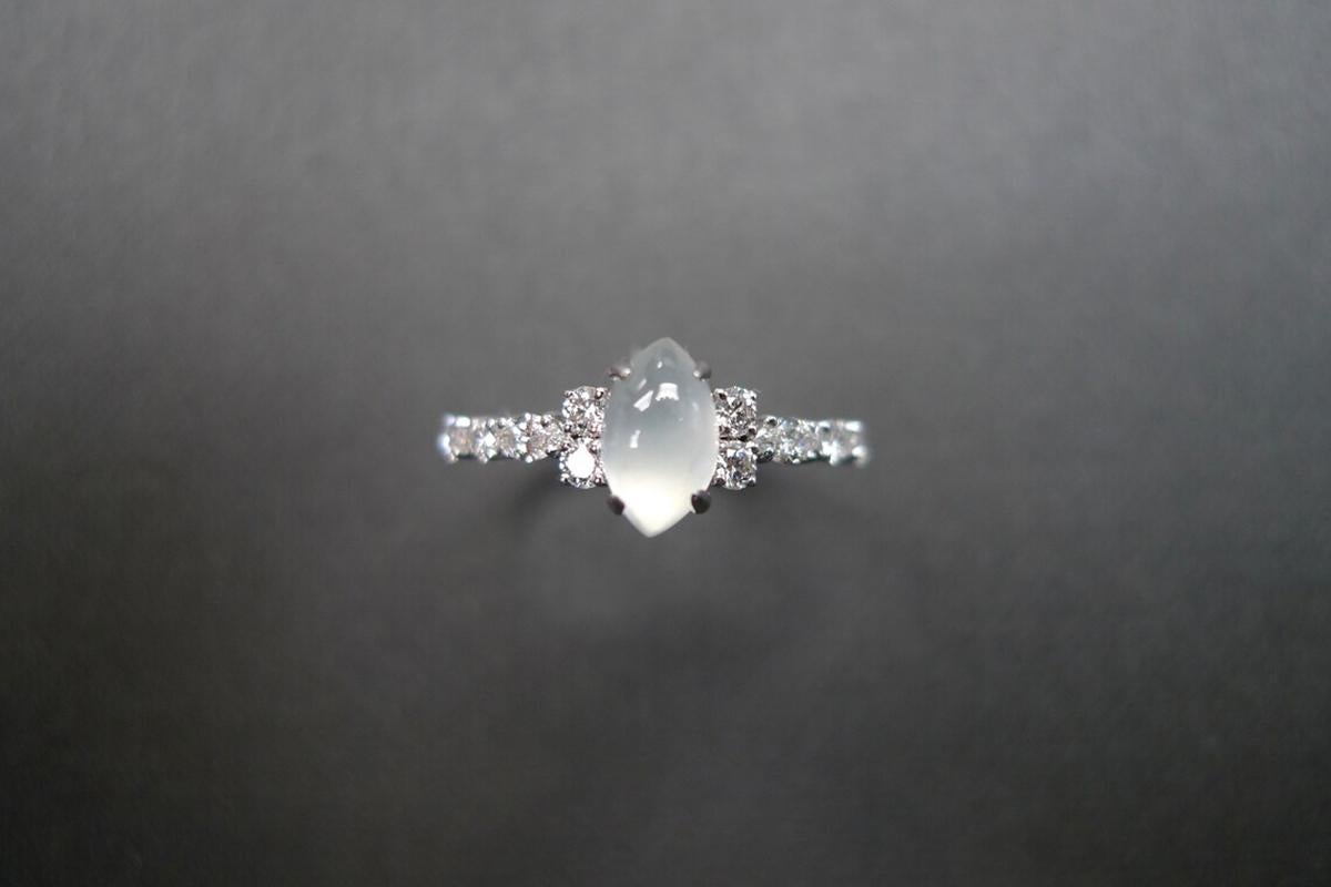 For Sale:  Marquise Icy White Jade and Marquise Diamond Unique Ring Engagement White Gold 4