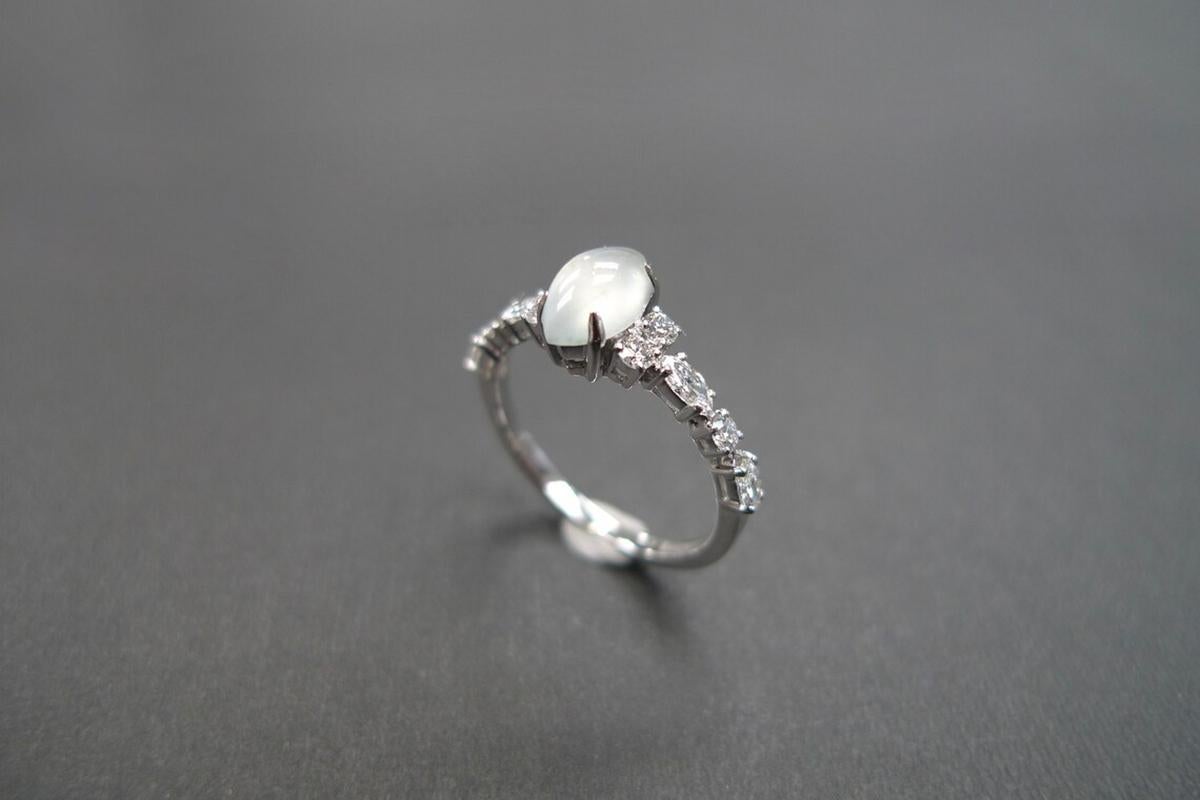 For Sale:  Marquise Icy White Jade and Marquise Diamond Unique Ring Engagement White Gold 5