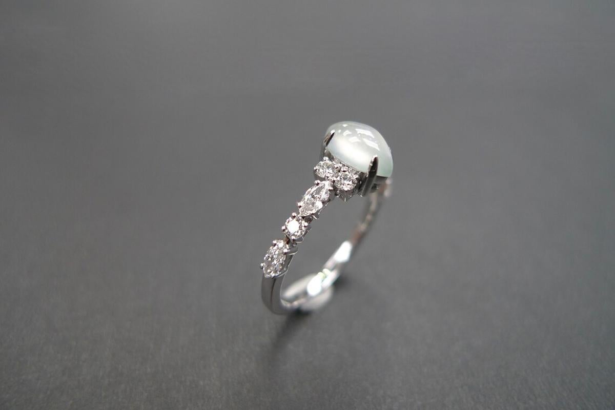 For Sale:  Marquise Icy White Jade and Marquise Diamond Unique Ring Engagement White Gold 6