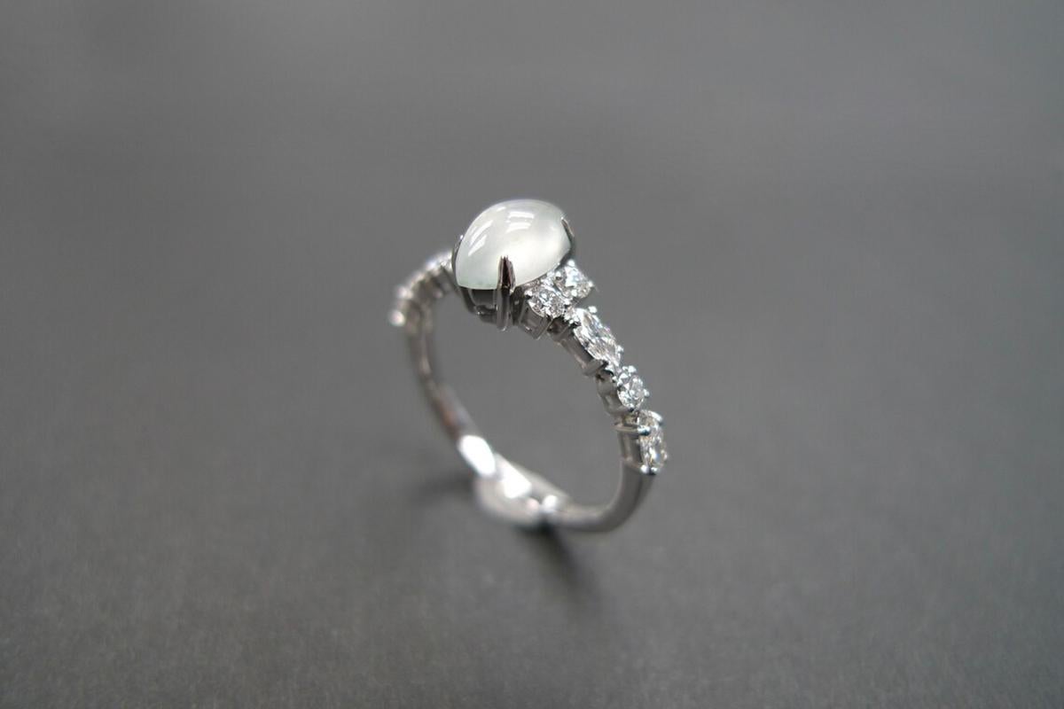 For Sale:  Marquise Icy White Jade and Marquise Diamond Unique Ring Engagement White Gold 7