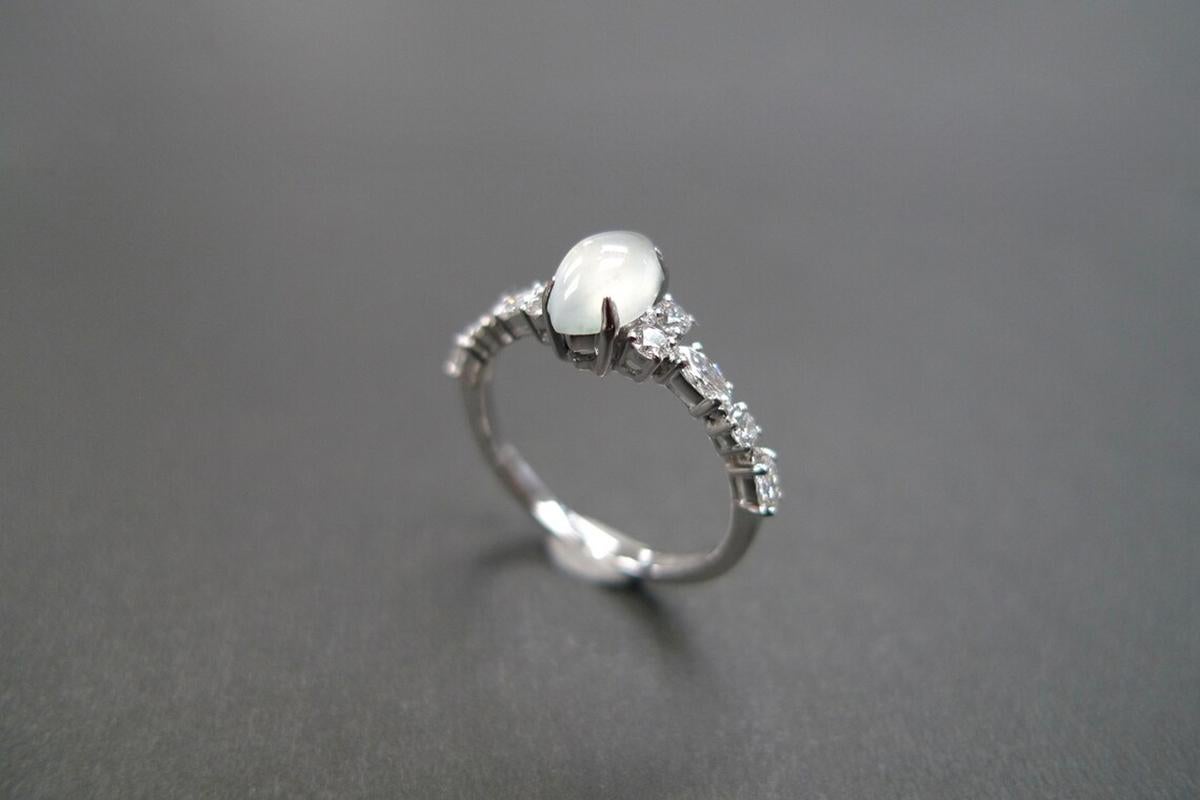 For Sale:  Marquise Icy White Jade and Marquise Diamond Unique Ring Engagement White Gold 8