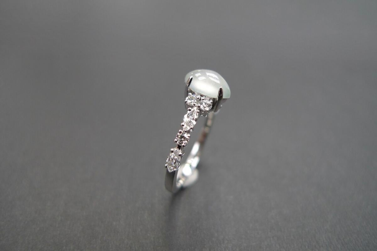 For Sale:  Marquise Icy White Jade and Marquise Diamond Unique Ring Engagement White Gold 9