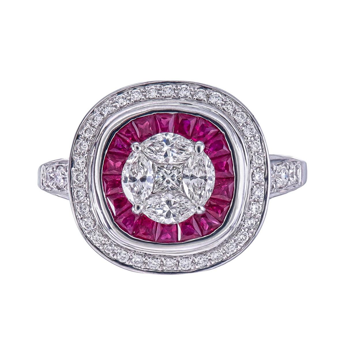 Vintage style with Marquise & princess illusion set diamonds to give a 2 carat diamond look.
First halo of Natural ruby well assorted making sure of the same color & quality.
Another halo of round diamonds with a plain gold shank.
Daily wear /Office