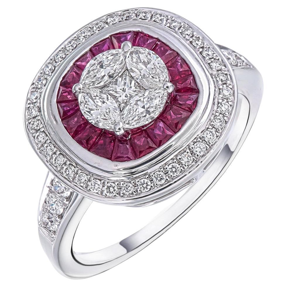 Ring with Marquise princess Illusion with double halo of ruby & diamonds For Sale