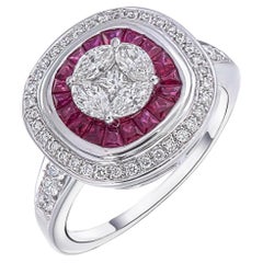Ring mit Marquise-Prinzessin-Illusion mit doppeltem Halo aus Rubin und Diamanten