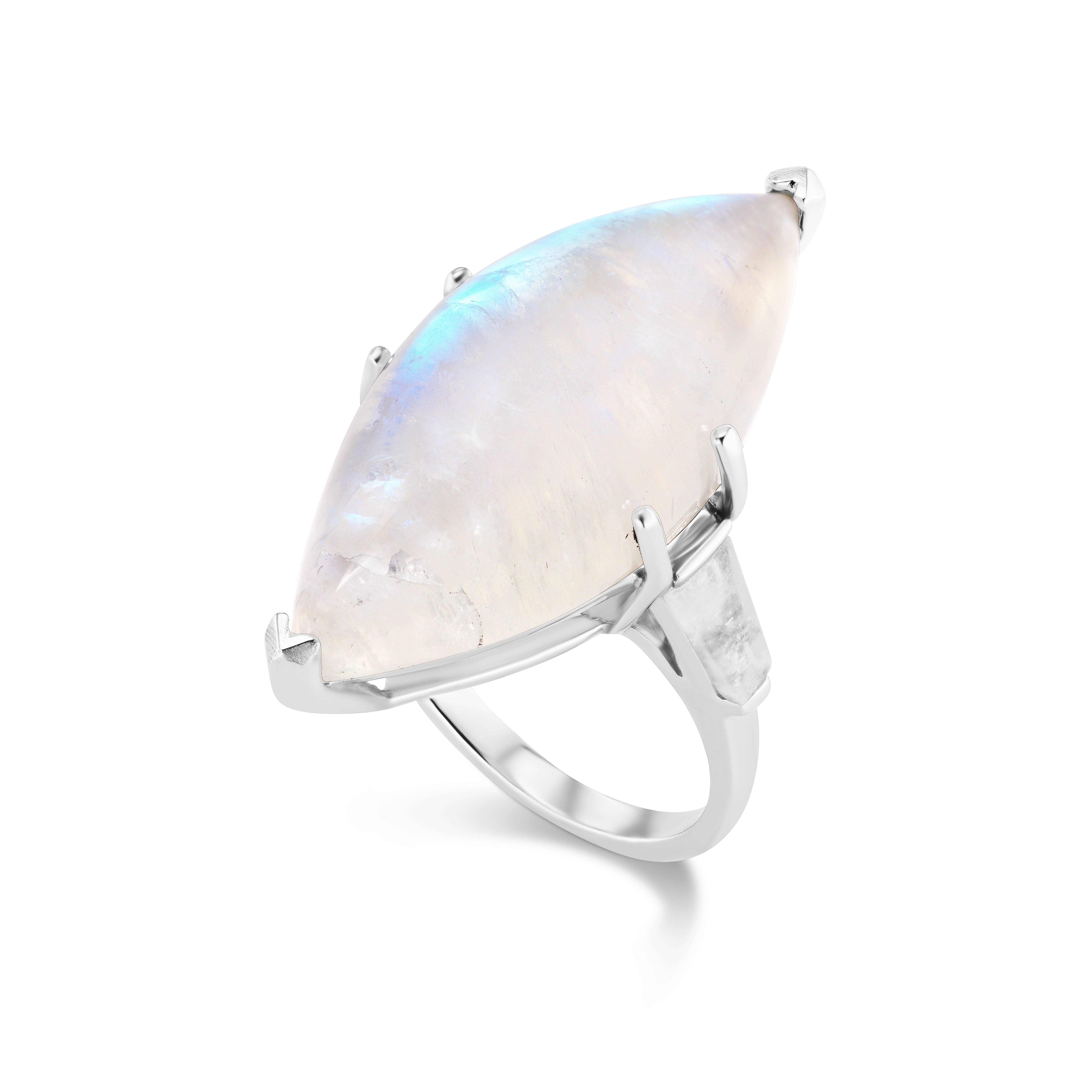Elegant Marquise Moonstone Side with Moonstone Baguettes 10karat White Gold Ring. Free sizing. 1 1/4inches long