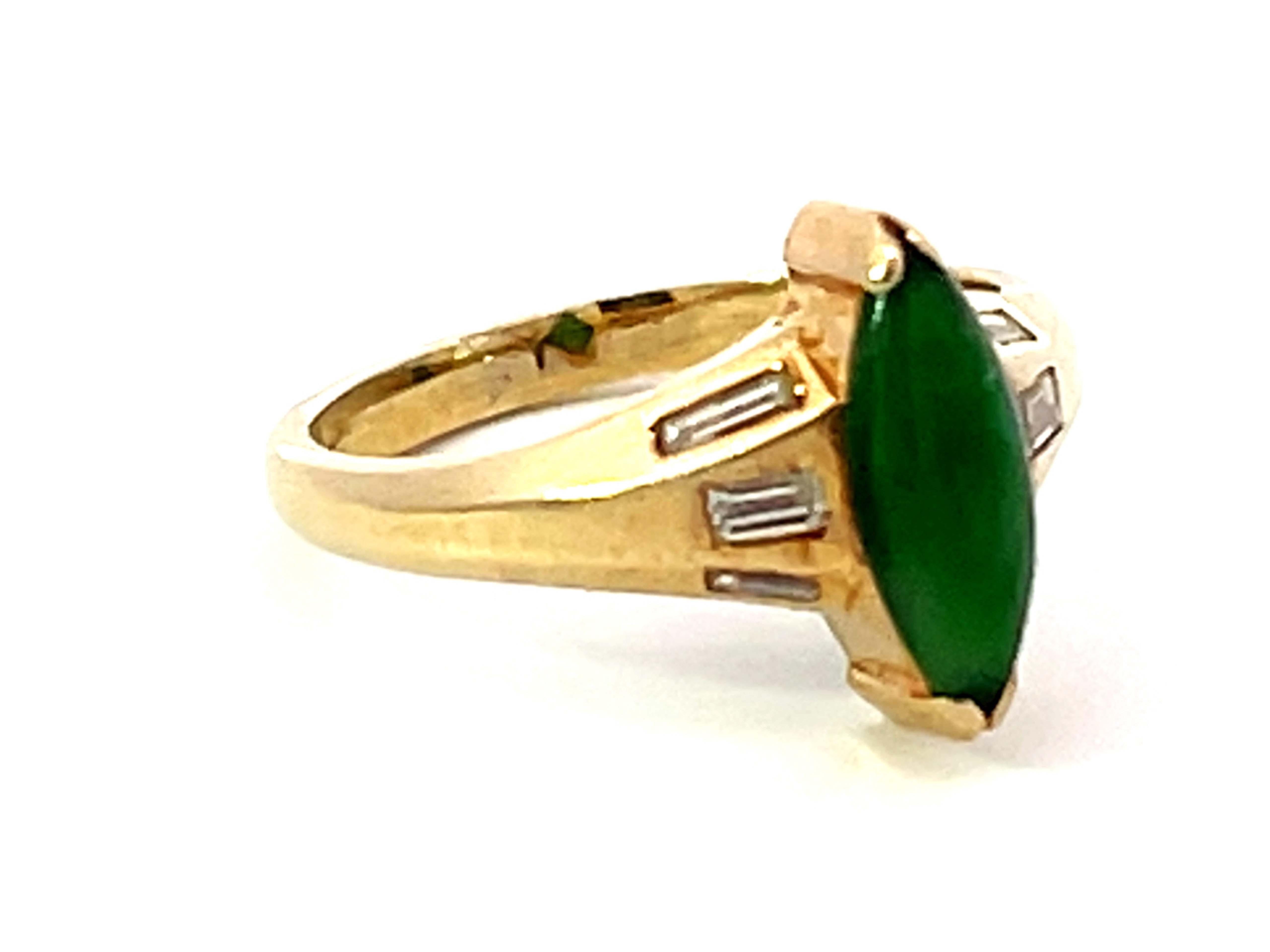 Modern Marquise Jade Baguette Diamond Ring 14k Yellow Gold For Sale