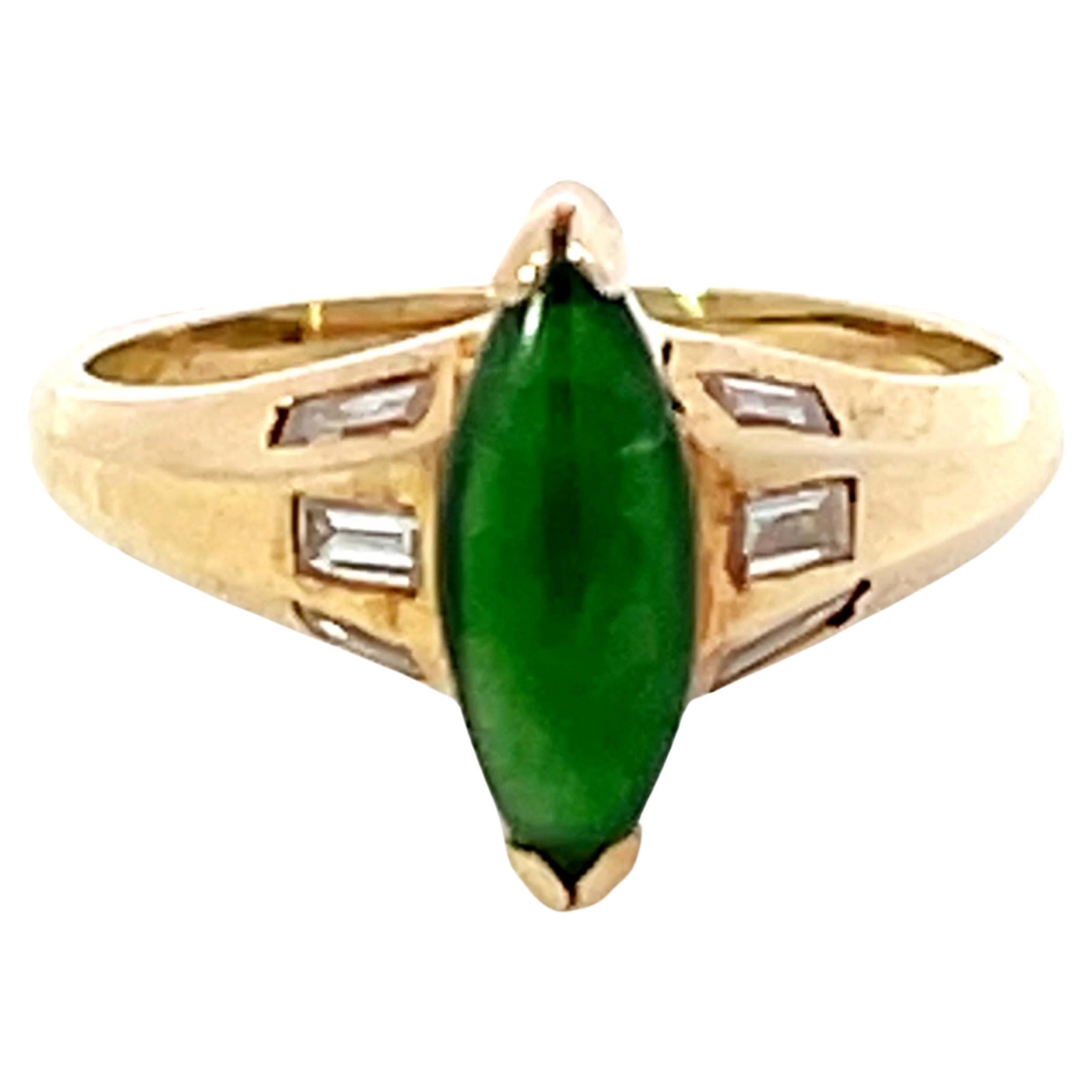 Marquise Jade Baguette Diamond Ring 14k Yellow Gold For Sale