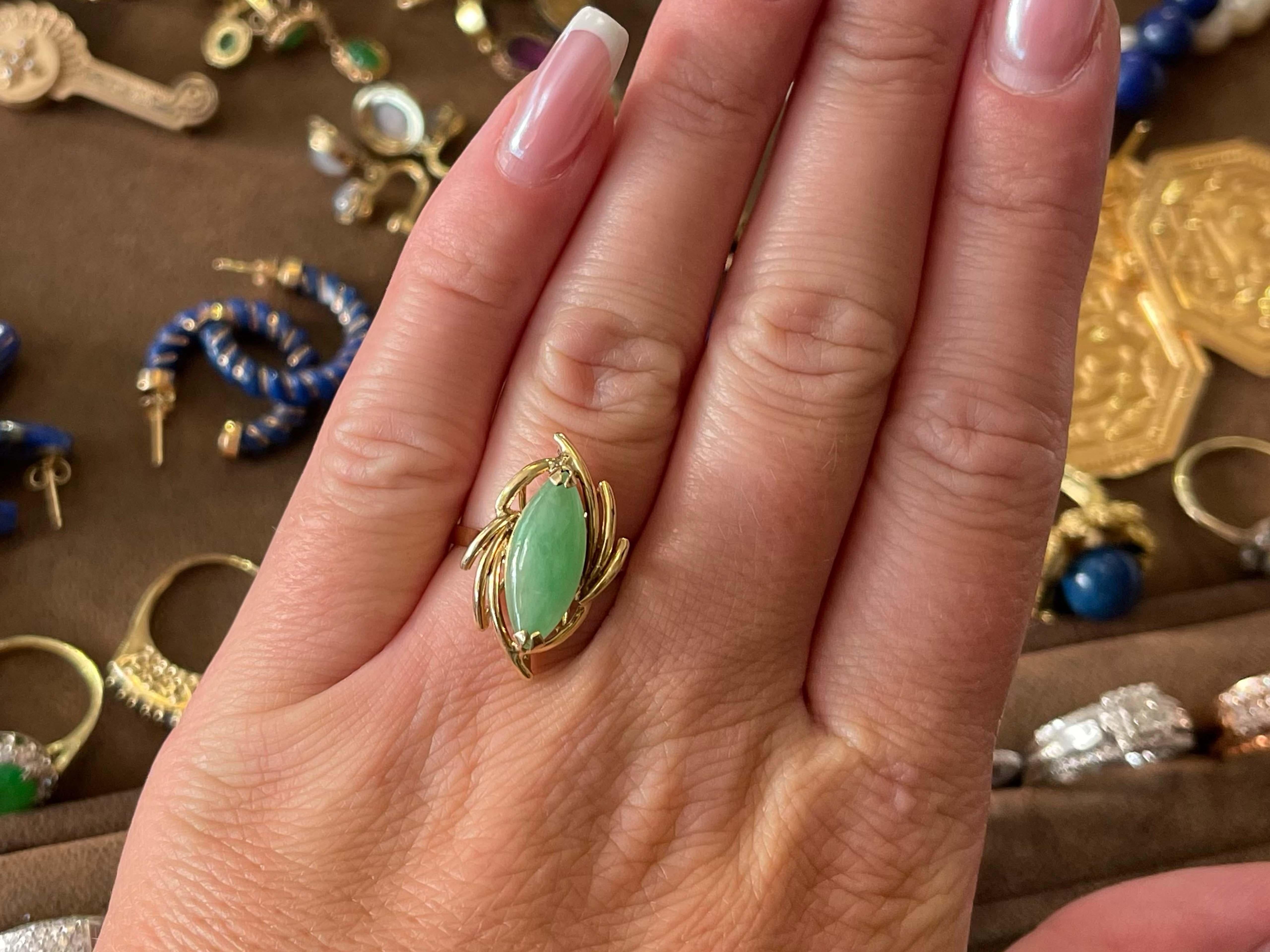 Item Specifications:

Metal: 14K Yellow Gold 

Style: Statement Ring

Ring Size: 7 (resizing available for a fee)

Total Weight: 3.3 Grams

Gemstone: Jadeite Jade

Condition: Vintage, Excellent

Stamped: 