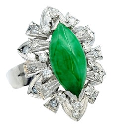 Vintage Marquise Cut Jadeite and Single Cut Diamond Cocktail Ring 10K White Gold