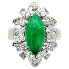 Marquise Jadeite and Single Cut Diamond Cocktail Ring in 10 Karat White Gold