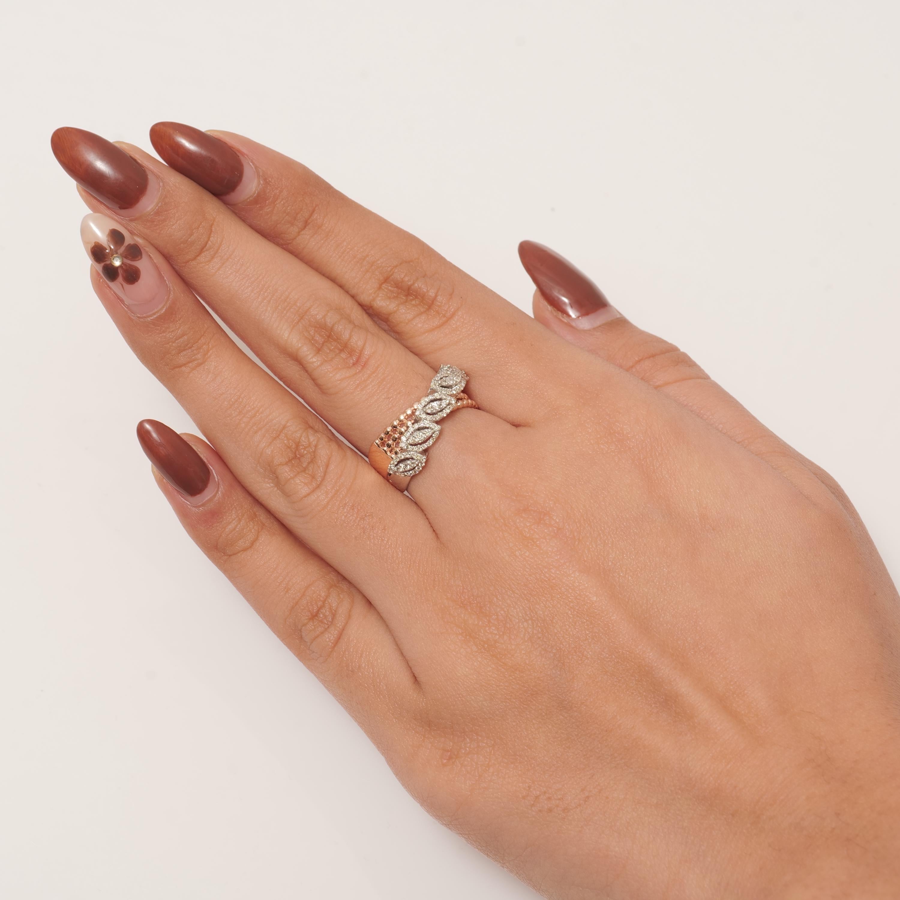 Art Deco Marquise Leaf Diamond Band Ring in 14k Solid Gold (Certified) For Sale