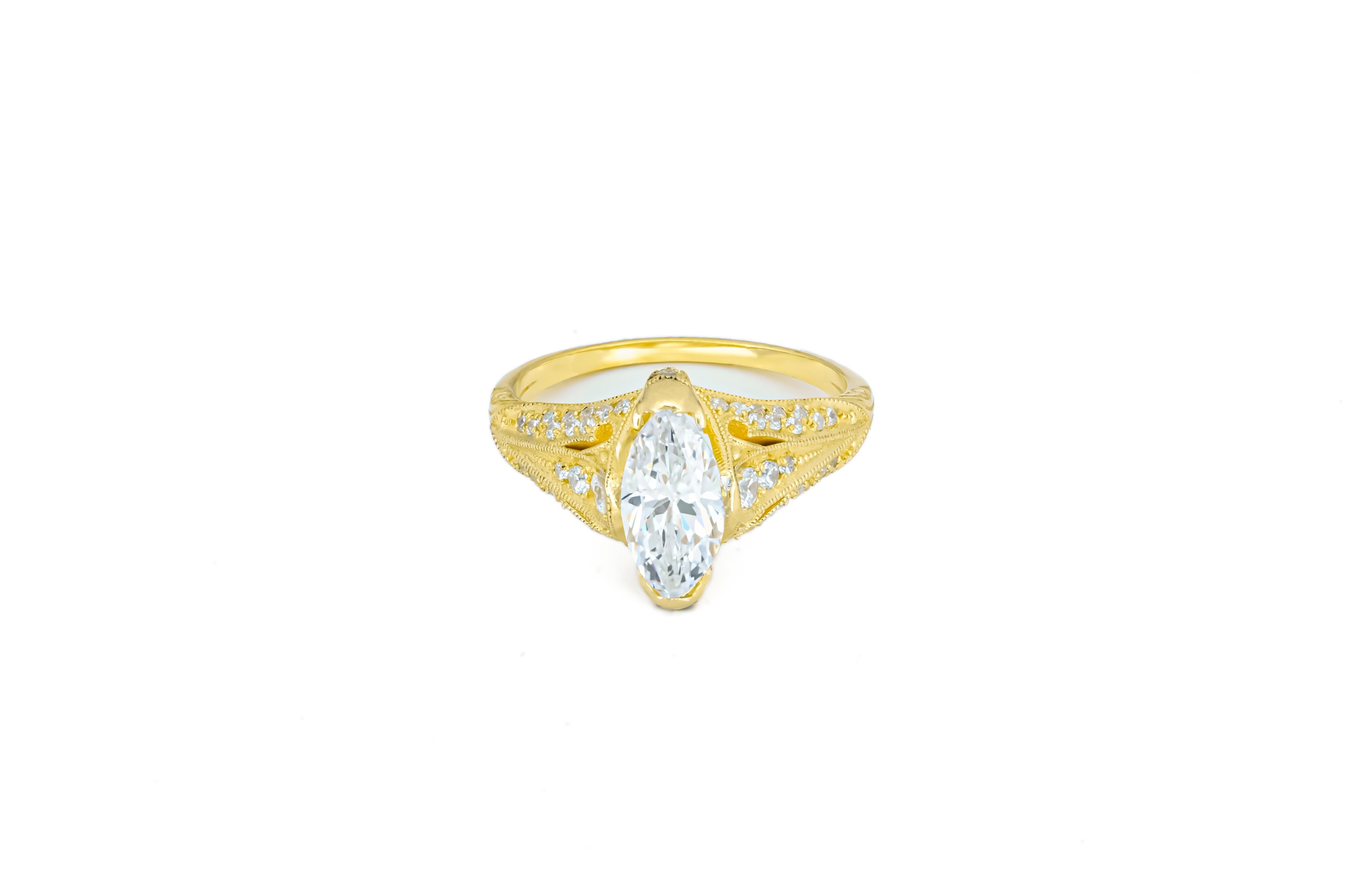 Marquise moissanite 14k gold engagement ring. In New Condition For Sale In Istanbul, TR