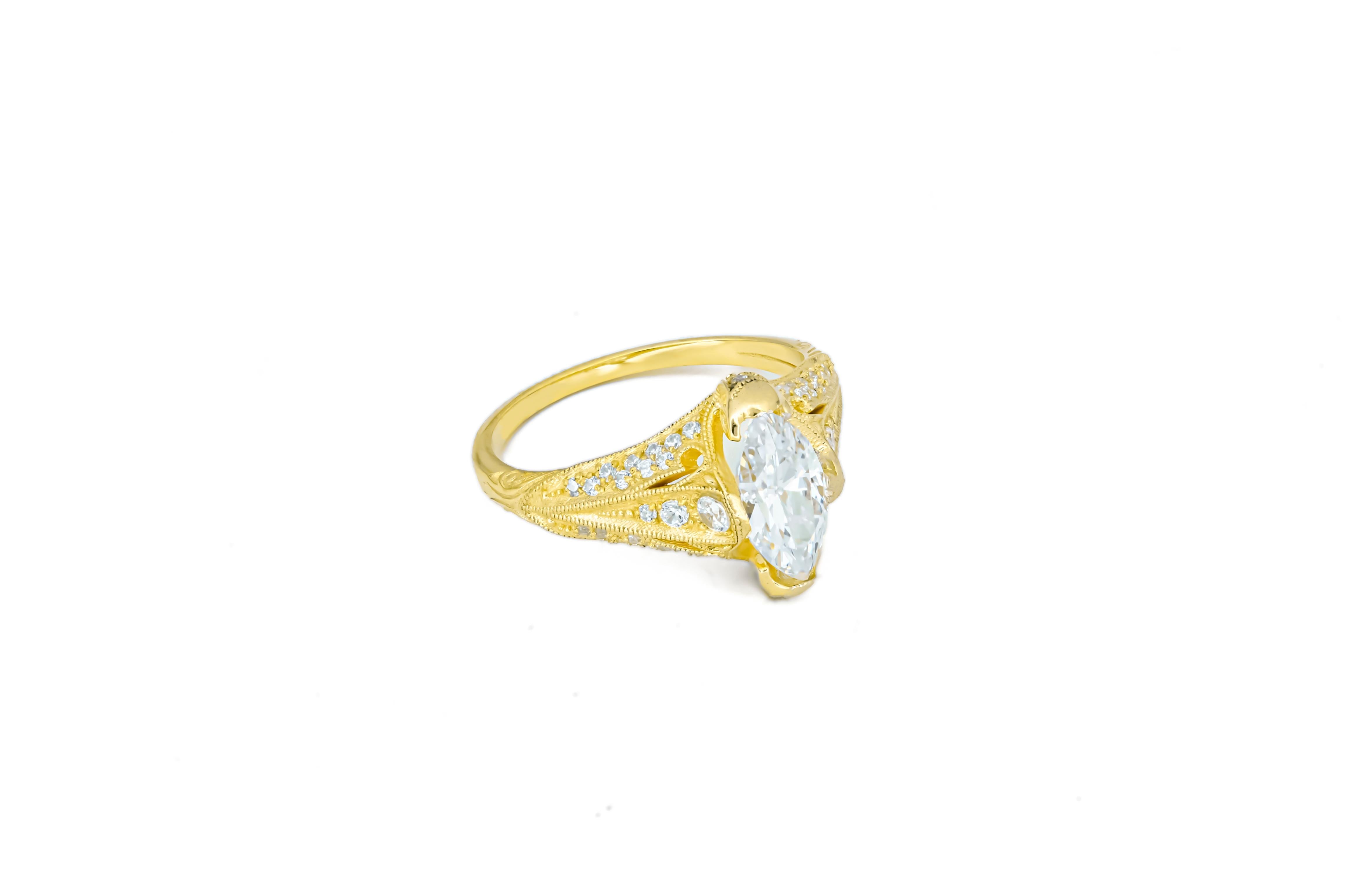 Women's Marquise moissanite 14k gold engagement ring. For Sale
