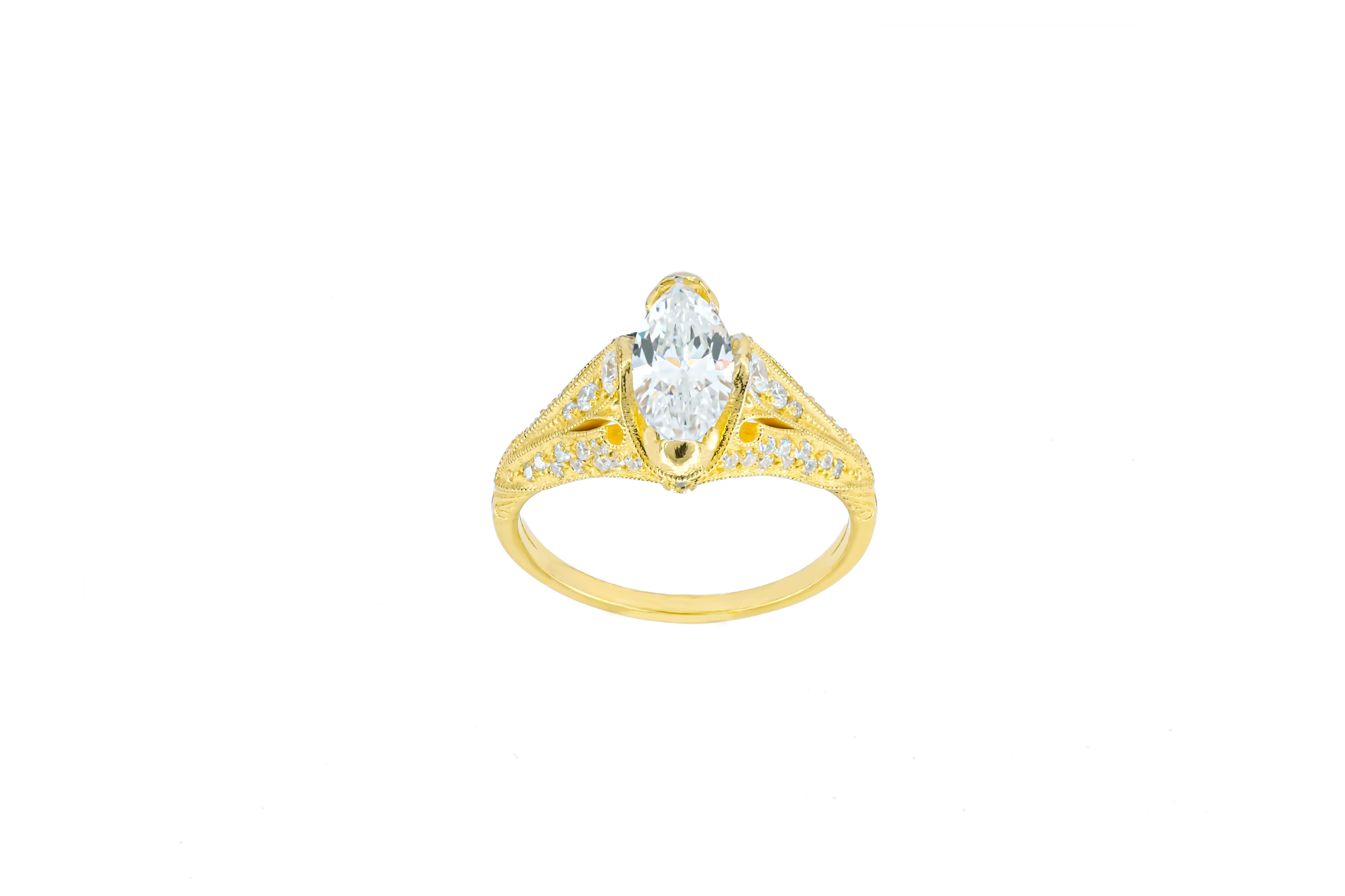 Marquise moissanite 14k gold engagement ring. For Sale 2