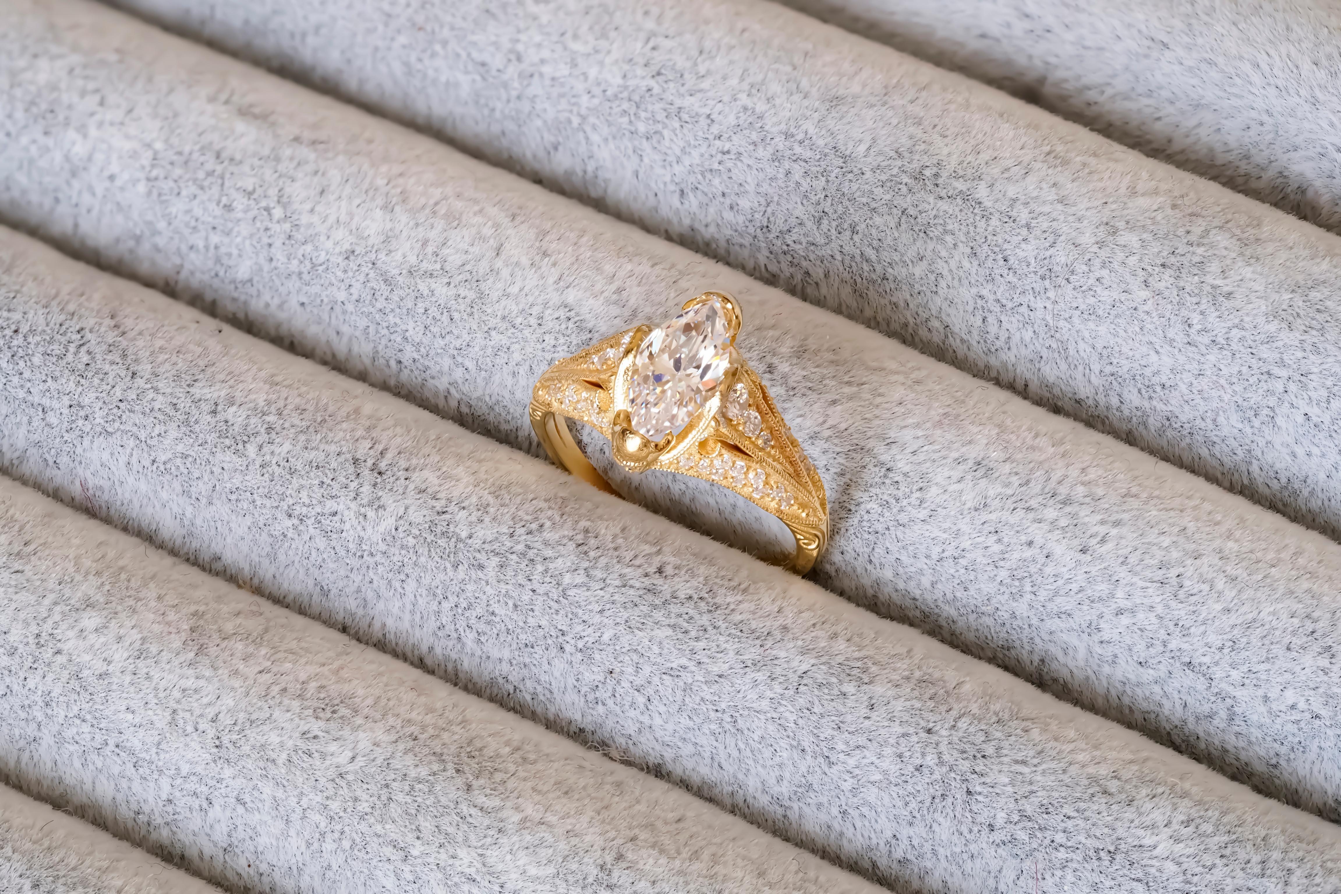 Marquise moissanite 14k gold engagement ring. For Sale 3