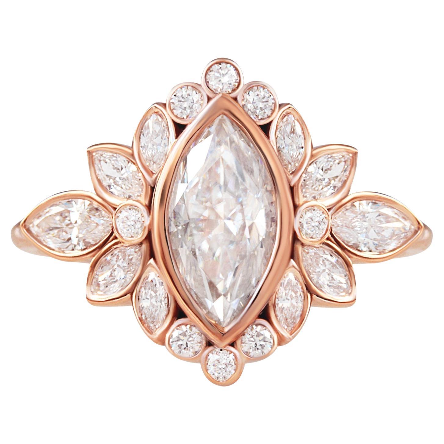 Marquise Moissanite Bezel Set Engagement Ring "Alicent", 14k Rose Gold For Sale